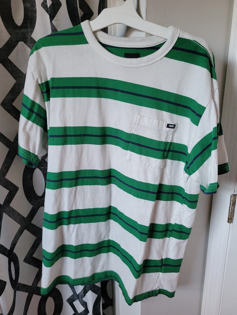 Vans White Tee with Green Stripes and Chest Pocket